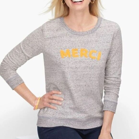 Talbots‎ Sweatshirt Merci Boucle Embroidered Women Large Gray Crew Neck Pullover - Picture 1 of 11